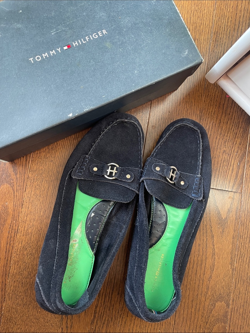 Tommy Hilfiger Navy Suede Loafers with Green Insoles Sz 11